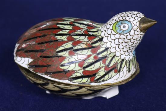 A Chinese cloisonne quail box and cover